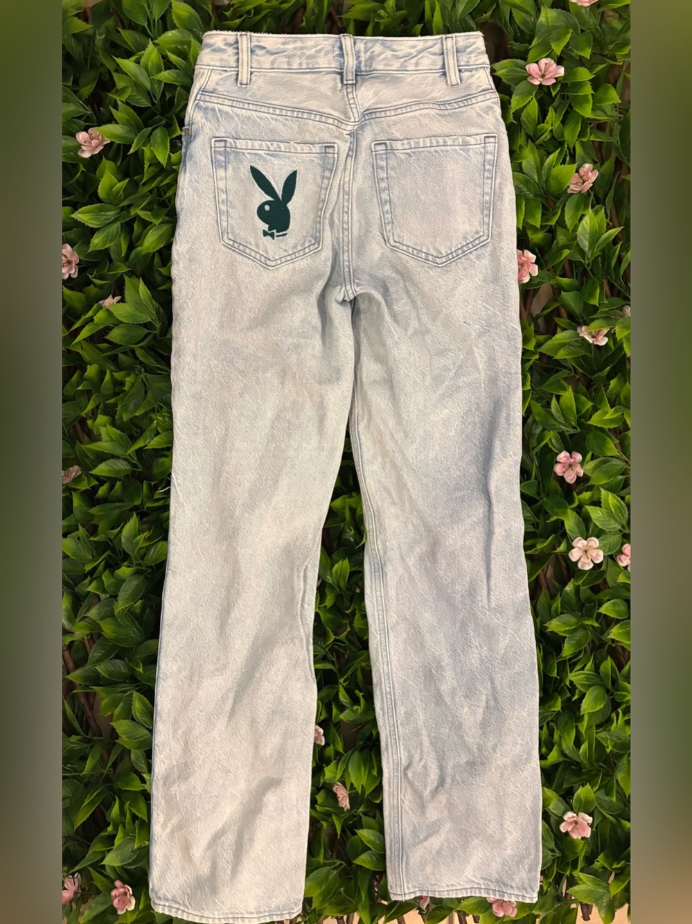 Light Wash Blue Jeans with Dark Green Playboy Bunny Patch PacSun